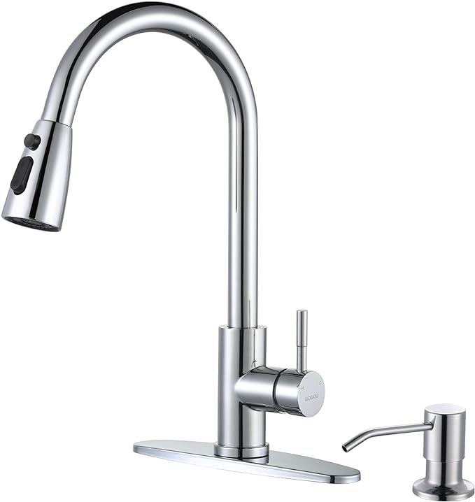 Chrome Kitchen Faucet with Soap Dispenser, WOWOW Stainless Steel Faucet for Kitchen Sink 2 or 4 Hole, High Arc Single Handle Pull Down Kitchen Faucet for Sink, RV, Laundry, Bar