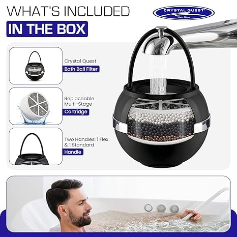 Crystal Quest Bath Ball Filter for Tub Faucet, Bathtub Water Filter, BPA-Free Bathtub Filter, Removes Chlorine, Lead & Impurities, Improves Skin, Hair & Nails, Long Lasting, Fits Most Tubs - Black