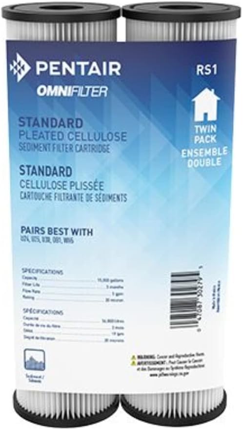 Pentair OMNIFilter RS1 Sediment Water Filter, 10" Standard Whole House Pleated Cellulose Replacement Cartridge, 10" x 2.5", 20 Micron, Pack of 2
