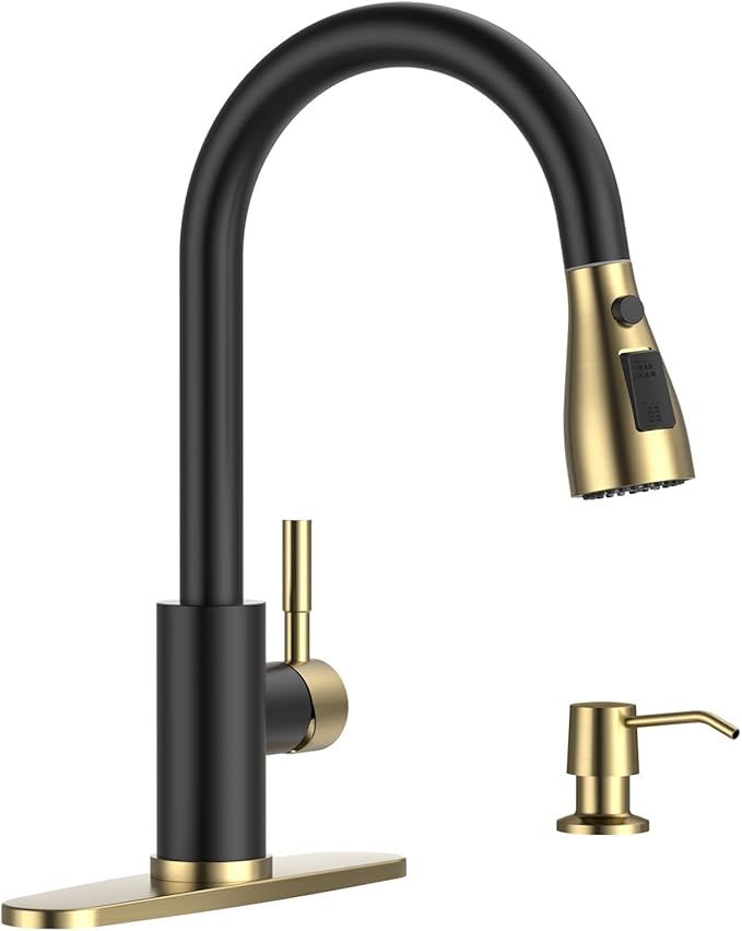 APPASO Black and Gold Kitchen Faucet, CUPC-Certified Hoses, Lead-Free Sink Faucets with Soap Dispenser and Pull Down Sprayer 3 Modes, High Arch Faucet with Deck Plate for 1 to 4 Holes Sink
