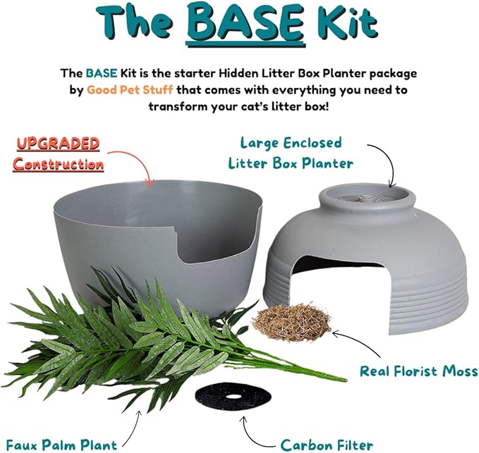 Good Pet Stuff Hidden Litter Box Planter, Decorative Cat Litter Enclosure with Carbon Filter & Faux Plant, Made in USA, Odor Control, Improved Design, NEW Round Style, Base Kit, Pebble Gray