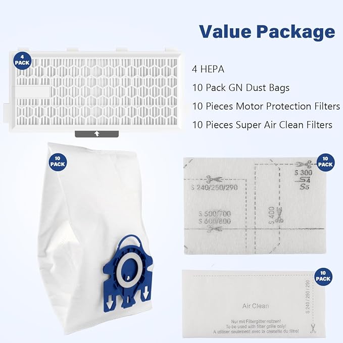 4 Packs HEPA Filters for AirClean SF-HA 50, Compatible with S4, S5, S6, S8, S8000, S8999, S6000, S6999, S5000, S5999, S4000, S4999,10Pcs FilterBags+4Pcs AH50 HEPA Filter+10 Protection Filters