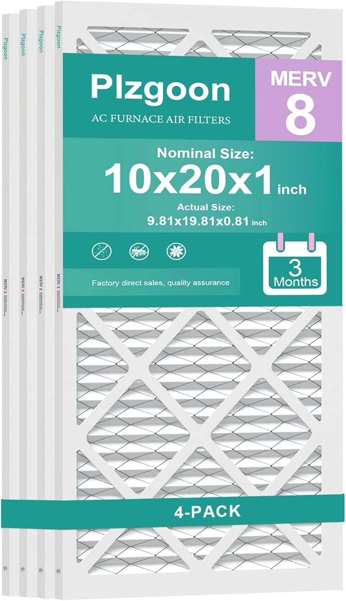 10x20x1 Air Filter MERV 8 MPR 600 (4 Pack) Pleated HVAC Furnace Filters for Home Air Conditioner AC Heating System (Exact Dimensions: 9.75"L x 19.75"W x 0.75"Th)