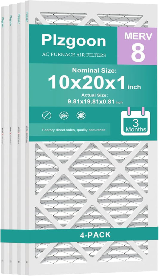 10x20x1 Air Filter MERV 8 MPR 600 (4 Pack) Pleated HVAC Furnace Filters for Home Air Conditioner AC Heating System (Exact Dimensions: 9.75"L x 19.75"W x 0.75"Th)