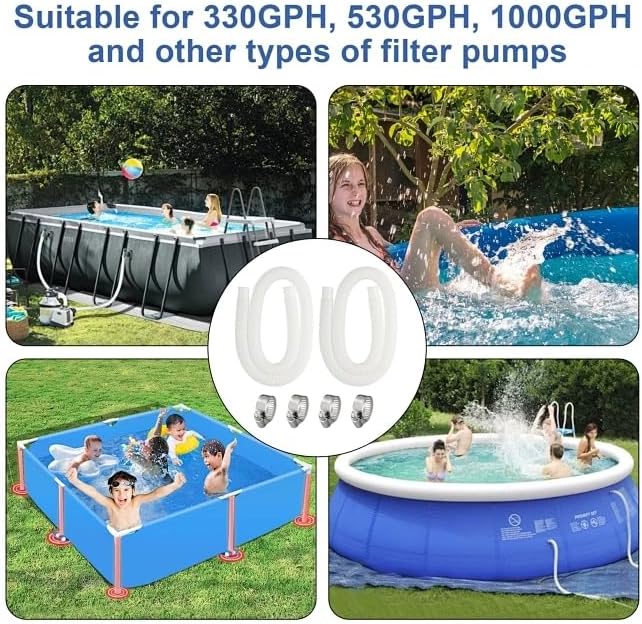 Pool Filter Pump Hose for Intex Pool Accessories - 1.25"Diameter Replacement Pool Hoses for Above Ground Pools Parts Compatible with Coleman ＆ Bestway,59"Long With 8 Clamps (2, White)