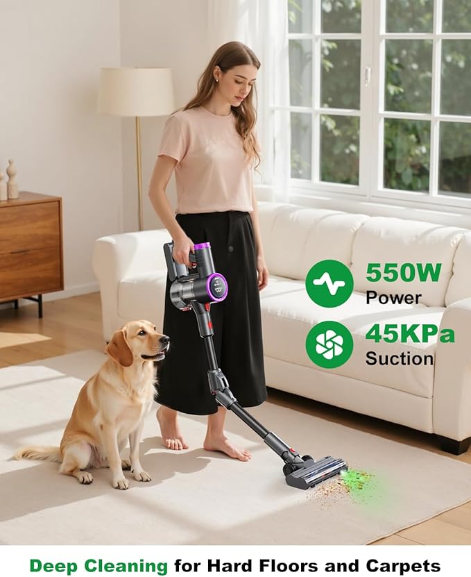 Cordless Vacuum Cleaner, Stick Vacuum Rechargeable, 550W 45KPA Powerful Suction Lightweight Vacuum Cleaners for Home, Anti-Tangle, Self Standing for Pet Hair Hardwood Floor Carpet - Purple