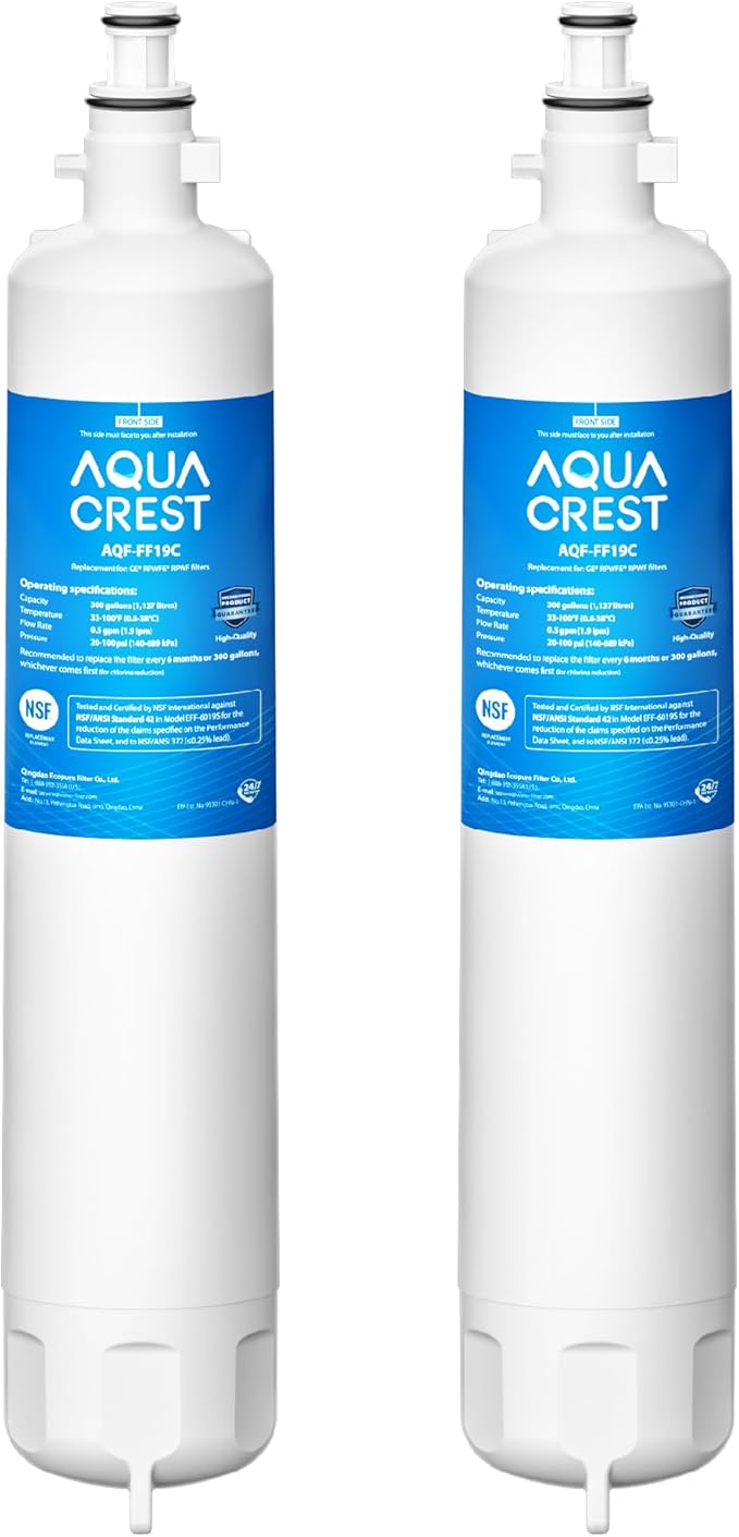 AQUA CREST AQF-FF19C Replacement for GE® RPWFE®, RPWF (with CHIP) Refrigerator Water Filter, Compatible with GYE22HMKES, GYS22GMNES, GYE22HBLTS, DFE28JSKSS, GFE28HMHES, GNE29GYNFS, 2 Filters