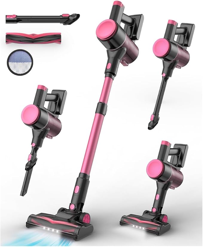 UML0 N8 Cordless Vacuum Cleaner,Lightweight Stick Vacuum with Powerful Suction,2200mAh Battery,40 Mins Runtime, Self-Standing,Rechargeable Vacuum Cleaners for Home Hardwood Floor Pet Hair (Blush)