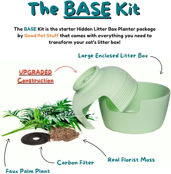Good Pet Stuff Hidden Litter Box Planter, Decorative Cat Litter Enclosure with Carbon Filter & Faux Plant, Made in USA, Odor Control, Improved Design, NEW Round Style, Base Kit, Sage Green