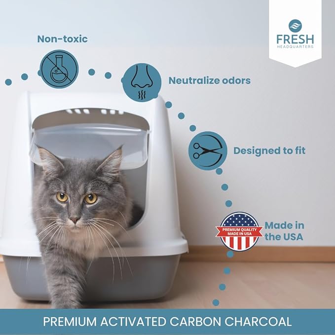 Fresh Headquarters 6-Pack Activated Carbon Cat Litter Box Filters Replacement - Trimmable 6" x 6.5" Organic Activated Charcoal Filter - Ideal Hooded Litter Box Deodorizer, Superior Odor Absorbing