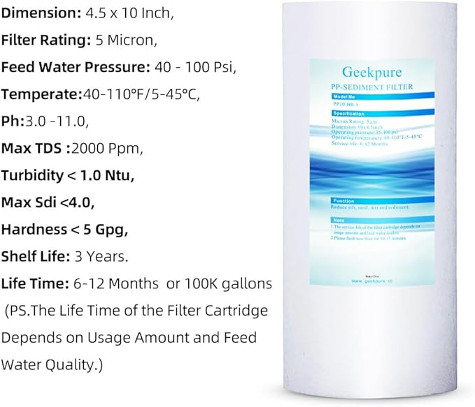 Geekpure 10 Inch Whole House Replacement Water Filters Set w/PP and Carbon Block -4.5"x 10"-5 Micron-Pack of 4