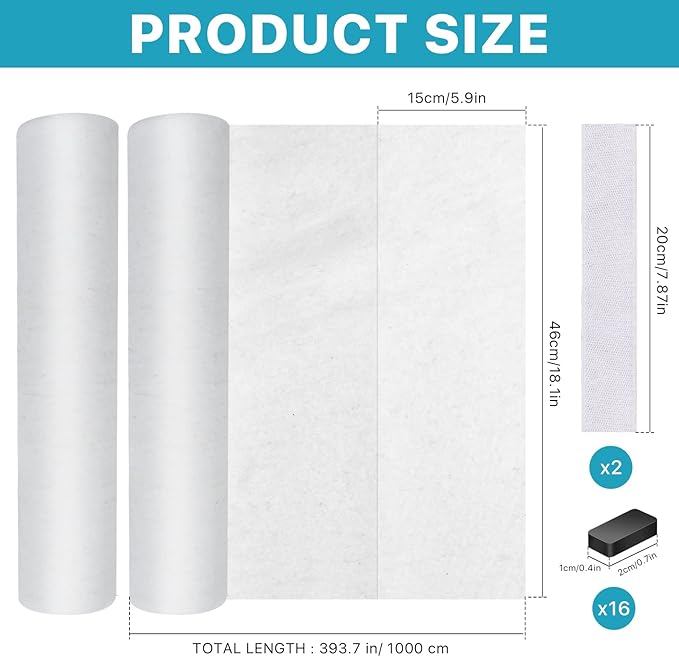 2 Rolls Range Hood Filters, Nonwoven Fabric Range Hood replacement filter with Magnetic block and Oil Proof Sticker, Anti Oil Filter Membrane for Kitchen（10m, White)