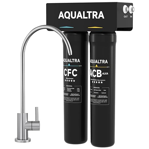 AQUALTRA USF-2F-15 Slightly Alkaline Under Sink Filter System, 28K Gal with Faucet, Reduce PFOA, PFOS, Chlorine, Lead, Mercury, Chloramine, Fluoride, Microplastics Particles, Bad Taste & Odor
