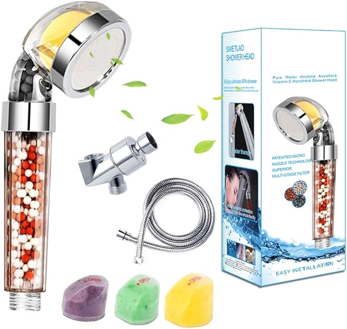 AYI Vitamin C Filtered High Pressure Handheld Shower Head with Bracket and Metal Hose Purifying Hard Water Softener Chlorine Flouride Filter Aroma Showerhead Fresh Dry Skin & Hair Loss