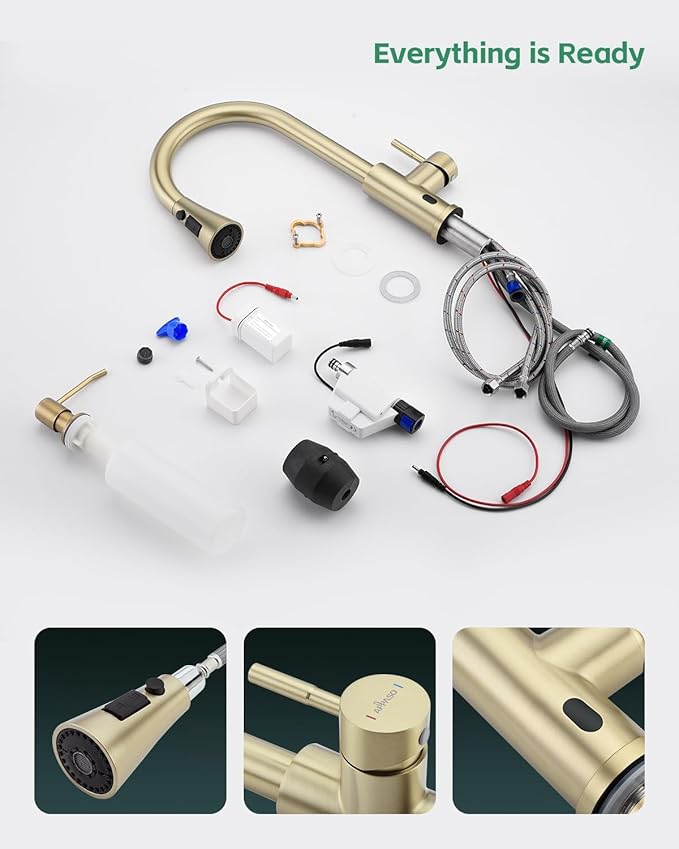 APPASO Gold Kitchen Faucet Touchless, CUPC-Certified Hoses, Lead-Free Motion Sensor Sink Faucets with Soap Dispenser and Pull Down Sprayer, Hands Free Faucets for 1 to 4 Holes Sink with Deck Plate