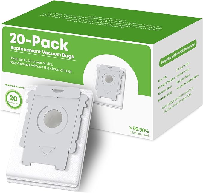 VBN 20 Pack Replacement Roomba Vacuum Bags, Compatible with iRobot Roomba 104 105 405 504 505 705 Combo 10 Max, i7+ i3+ i4+ i6+ i8+ j7+ s9+, i s j Series, All Clean Base Automatic Dirt Disposal Bags