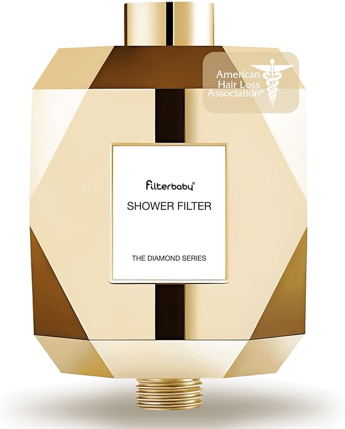 Filterbaby Diamond Shower Filter, IAPMO Certified to NSF177 Standard,Expert Developed Filter for Skin&Hair, Lab Tested to Reduce up to 99%Chlorine,Chloramine&Impurities,Eco Friendly Long Lasting, Gold