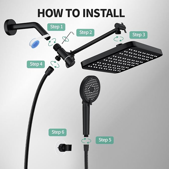 12 Inch Wide Rain Shower Head with Filtered Handheld Combo, High Pressure Rainfall Shower Head, 9 Spray Modes Handheld with 9-Inch Extension Arm, Comes with Filter Removes Chlorine(Black)