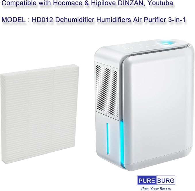 PUREBURG Replacement Filter Compatible with Hoomace & Hipilove,DINZAN, Youtuba HD012 Dehumidifier Humidifiers Air Purifier 3-in-1, 6-Pack HEPA For Air Clean