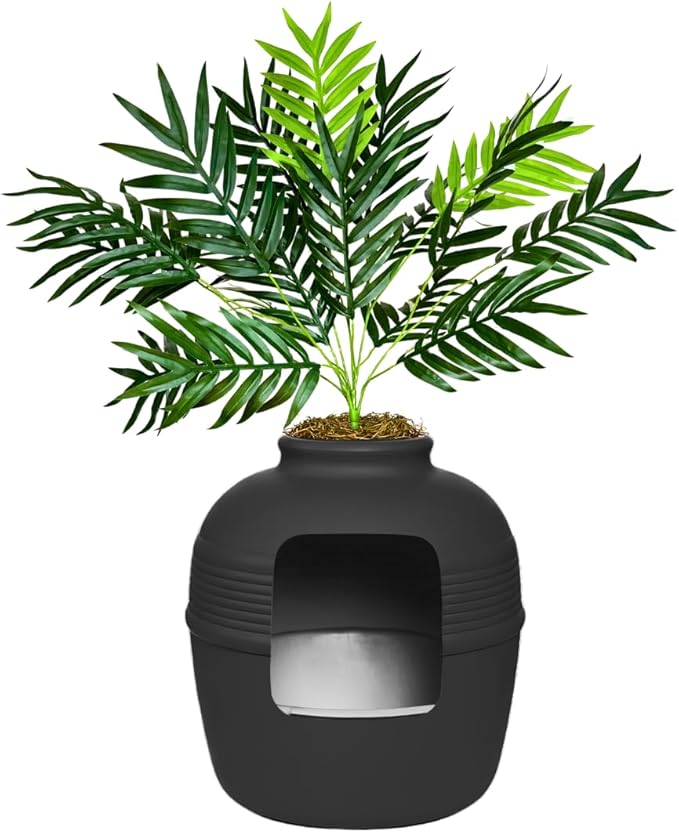 Good Pet Stuff Hidden Litter Box Planter, Decorative Cat Litter Enclosure with Carbon Filter & Faux Plant, Made in USA, Removable Liner, Odor Control, NEW Round Style, Essentials Kit, Matte Black