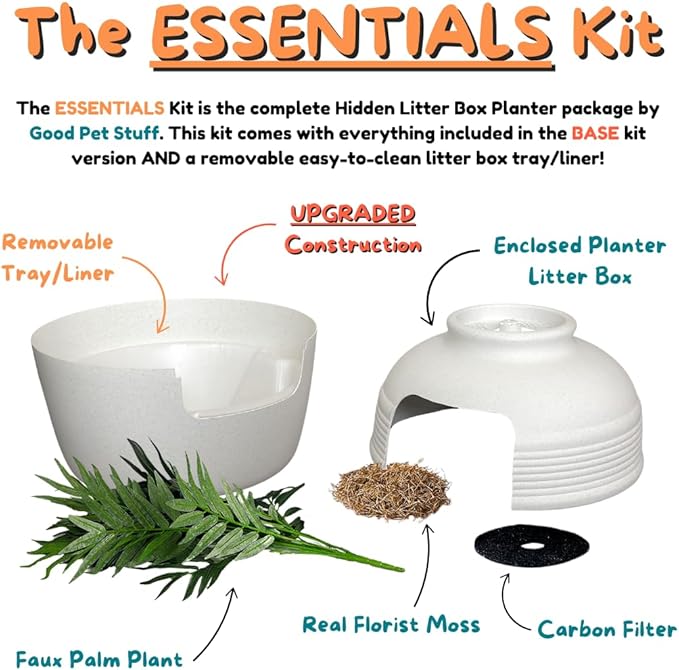 Good Pet Stuff Hidden Litter Box Planter, Decorative Cat Litter Enclosure with Carbon Filter & Faux Plant, Made in USA, Removable Liner, Odor Control, NEW Round Style, Essentials Kit, Classic White