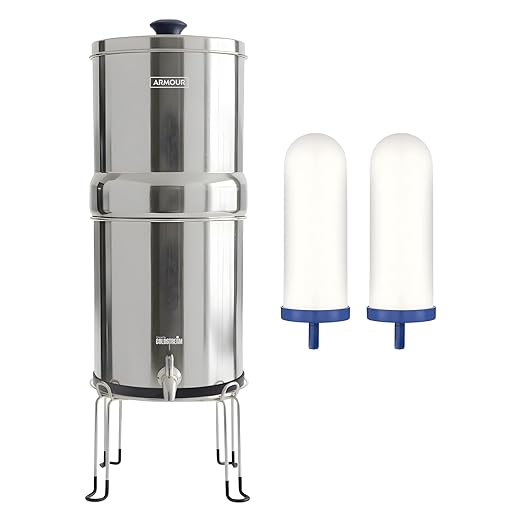 Armour Stainless Steel Gravity Water Filter System – Countertop Water Filter with 2 FTO Plus Ceramic Filters for Lead, Fluoride & Virus Removal - NSF Certified Water Filtration - Filter with Stand
