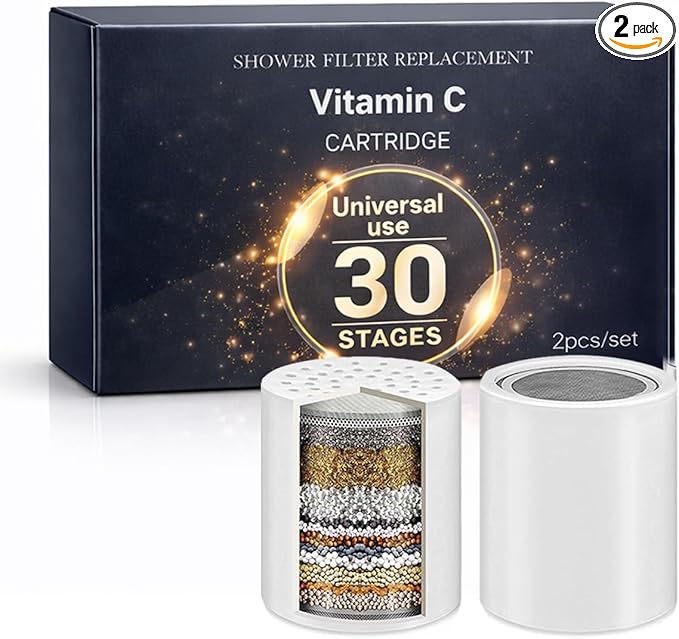 30-Stage Shower Filter Replacement Cartridge (Pack of 2) Shower Filter w/Vitamin C for Hard Water - Shower Water Filter Removes Chlorine Fluoride/Improves Condition of Your Skin, Hair