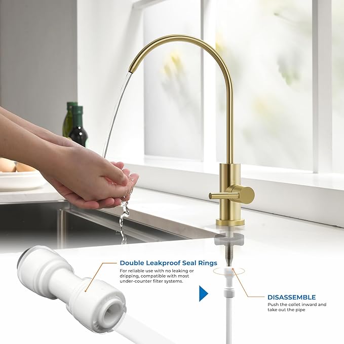 WEWE Drinking Water Faucet for Kitchen Sink, Gold Kitchen Water Filter Faucet Stainless Steel for Reverse Osmosis or Water Filtration System Beverage Non-Air Gap RO Faucet Gold Finish
