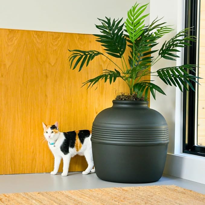 Good Pet Stuff Hidden Litter Box Planter, Decorative Cat Litter Enclosure with Carbon Filter & Faux Plant, Made in USA, Removable Liner, Odor Control, NEW Round Style, Essentials Kit, Matte Black