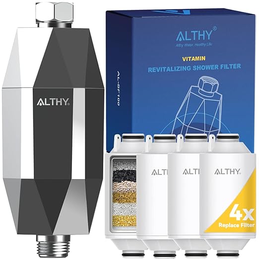 ALTHY Vitamin C Revitalizing Shower Head Water Filter - Reduces Chlorine, Heavy Metal & Softens Hard Water- Prevent Dry Itchy Skin, Hair Loss, Dandruff - Chrome (Includes 4 Filters)