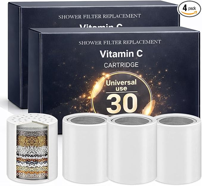 30-Stage Shower Filter Replacement Cartridge (Pack of 4) Shower Filter w/Vitamin C for Hard Water - Shower Water Filter Removes Chlorine Fluoride/Improves Condition of Your Skin, Hair