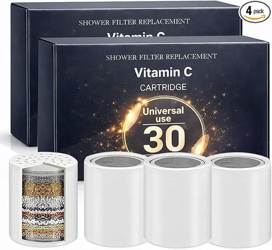 30-Stage Shower Filter Replacement Cartridge (Pack of 4) Shower Filter w/Vitamin C for Hard Water - Shower Water Filter Removes Chlorine Fluoride/Improves Condition of Your Skin, Hair