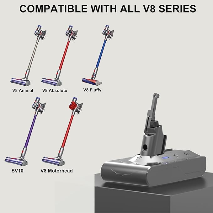 Upgraded 10000mAh Replacement for Dyson V8 Battery Replacement SV10 SV25, 21.6V Compatible with Dyson V8 Animal Absolute Motorhead Fluffy Cordless Handheld/Stick Vacuum Cleaners 215681 967834