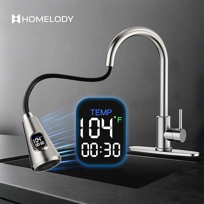 HOMELODY Upgraded Filter Water Kitchen Faucet with Pull Down Sprayer - LED Temperature Display Kitchen Faucets 1 Or 3 Hole Kitchen Sink Faucet for Remove Lead, Chlorine, Bad Taste & Odor