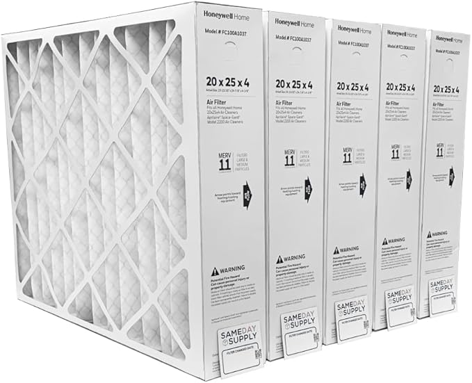 Honeywell FC100A1037 (5 Pack) - 20" x 25" x 4" Pleated Air Filter, MERV 11 Bundle with Same Day Supply Filter Change Reminder