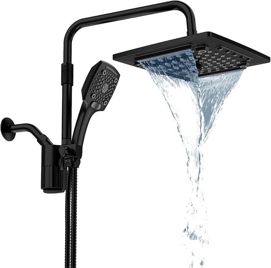 ELLO&ALLO Filtered Rain Shower Head with Handheld Spray, Rainfall Shower Head Combo with 59" Hose, Dual Showerhead Set with Adjustable Shower Extension Arm, Matte Black