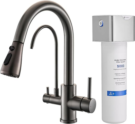 GIMILI Black Stainless 3 in 1 Kitchen Faucet with Under Sink Water Filter System, Reduces Lead, Chlorine, Bad Taste & Odor, Kitchen Sink Faucet with Drinking Water Faucet