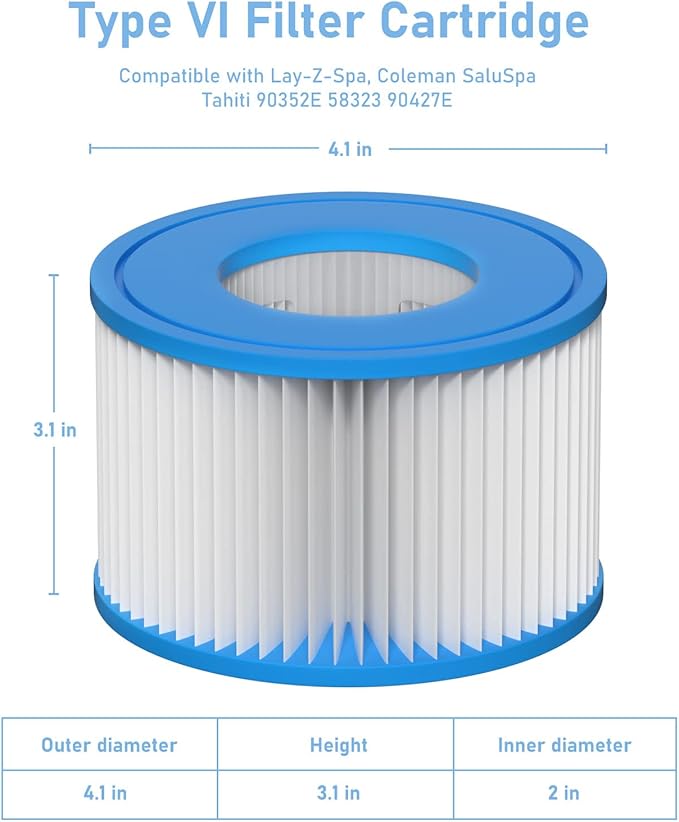 Type VI Hot Tub Filter Cartridge Comapatible with Lay-Z-Spa, Coleman 90352E, 58323E, 58323 Swimming Pool Pump, 16 Pack