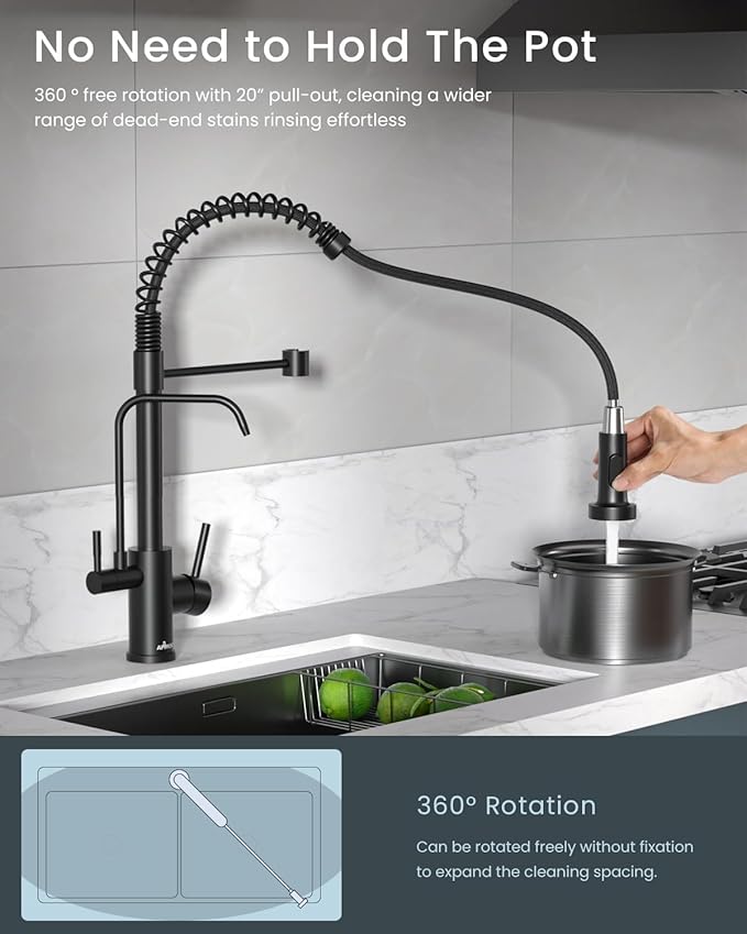 APPASO Black Kitchen Faucet with Drinking Water Faucet, 3 in 1 Pull Down Lead-Free Faucet with Purfied Water Faucet, Single-Handle Kitchen Water Filter Faucet, Matte Black (Without Filtration Device)