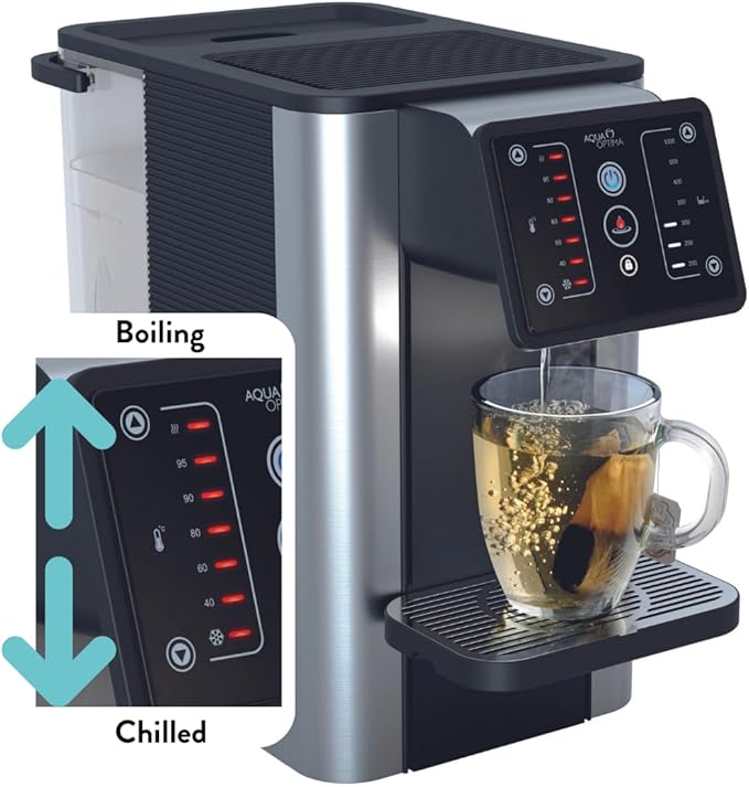 Aqua Optima AUR002 Improved Quick Heating Hot Water Dispenser, Water Cooler, Electric Kettle, Countertop Water Filter, 7 Temperatures, Dispenses Cold Water, Zero Installation, Includes 1 Filter