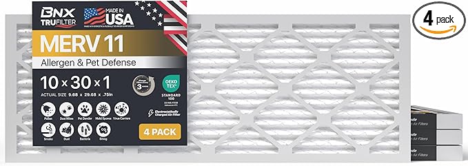 BNX TruFilter 10x30x1 Air Filter MERV 11 (4-Pack) - MADE IN USA - Allergen Defense Electrostatic Pleated Air Conditioner HVAC AC Furnace Filters for Allergies, Dust, Pet, Smoke, Allergy MPR 1200 FPR 7