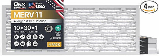 BNX TruFilter 10x30x1 Air Filter MERV 11 (4-Pack) - MADE IN USA - Allergen Defense Electrostatic Pleated Air Conditioner HVAC AC Furnace Filters for Allergies, Dust, Pet, Smoke, Allergy MPR 1200 FPR 7
