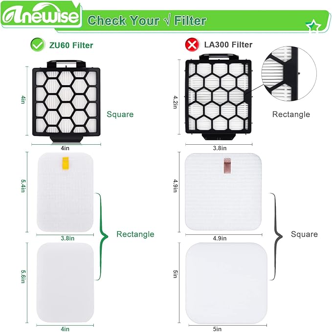 Anewise Replacement Filter for Shark Navigator Zero-M Pet Pro ZU102 ZU60 ZU62 ZU55 NV181 NV150 NV151 NV251 Rotator NV255 ZU100 ZU81 Upright Vacuum, 2+6 Foam Felt Filter, Part #1238FT60 & 1239FT60