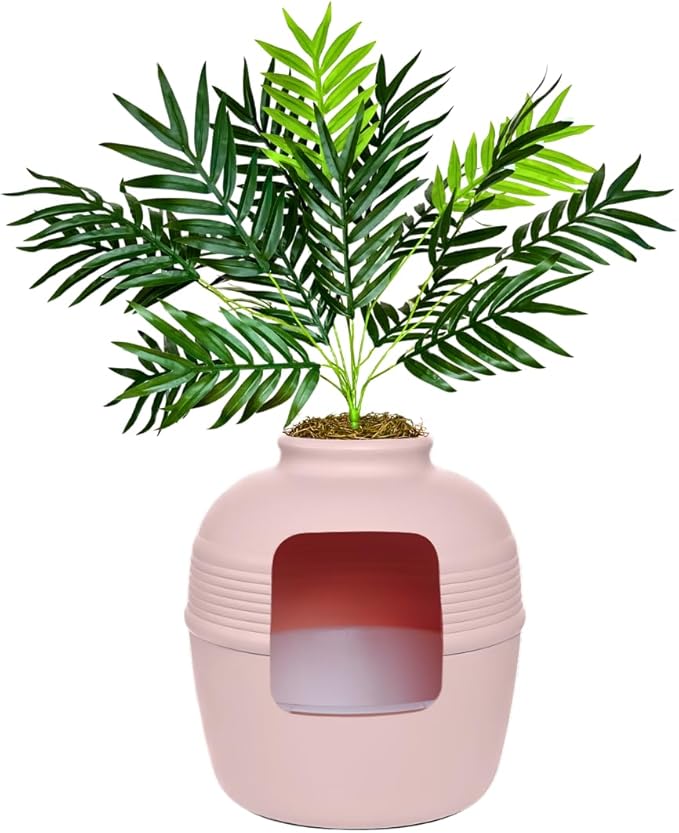 Good Pet Stuff Hidden Litter Box Planter, Decorative Cat Litter Enclosure with Carbon Filter & Faux Plant, Made in USA, Removable Liner, Odor Control, NEW Round Style, Essentials Kit, Blush Pink