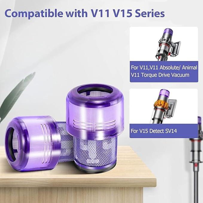 4 Pack Replacement V11 Filters for Dyson V11 Torque Drive V11 Animal V11 Complete V11 Extra V15 Detect Vacuum Cleaner Filters, Compare Part 970013-02.