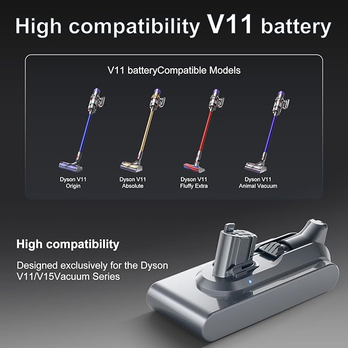 Bonacell 10000mAh V11 Battery Replacement for Dyson Button Click in Installation Style V11/Extra/Absolute/Animal/Torque Drive/Outsize/V15/SV15/SV22 25.2V Cordless Vacuum Battery