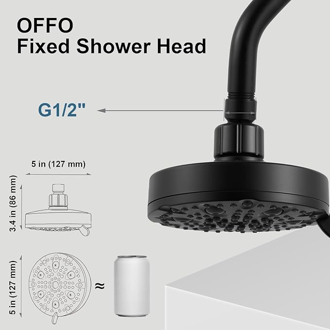 OFFO Shower Head, High Pressure Shower Head with Pause Mode, 9 Mode Fixed Showerheads for Strong Water Flow & Relaxing Shower Experience, Matte Black