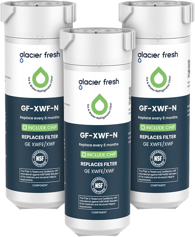GLACIER FRESH Water Filter Compatible with XWFE (Built-in CHIP), Replacement for GE XWFE, XWF Refrigerator Water Filter NSF/ANSI 42 Certification Pack of 3