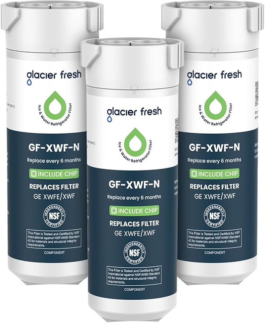 GLACIER FRESH Water Filter Compatible with XWFE (Built-in CHIP), Replacement for GE XWFE, XWF Refrigerator Water Filter NSF/ANSI 42 Certification Pack of 3