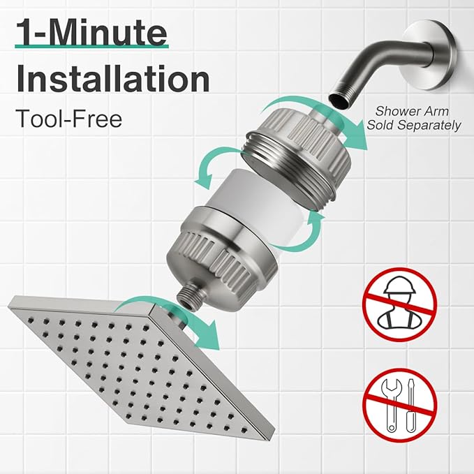 Cobbe High Pressure Filtered Shower Head Combo, Rain Shower Head with 20 Stage Shower Head Filter for Hard Water - Adjustable Replacement Remove Chlorine and Harmful Substances, Brushed Nickel